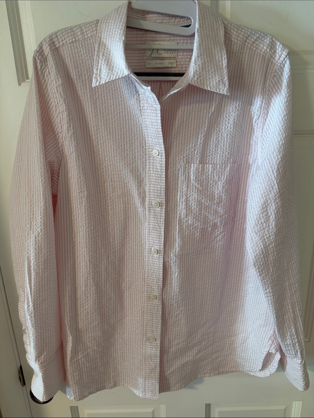 J.Crew Women’s Pink Cotton Pinstripe Seersucker Button Down Preppy Size 10